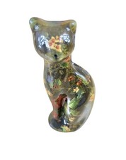 Vintage Christmas Holly Cat Figurine Resin Floral Pattern Decor picture