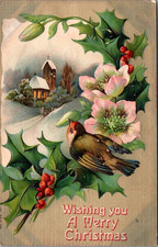 Wishing You A MERRY CHRISTMAS Bird FLOWERS Winter Scene embossed c1911 Postcard picture