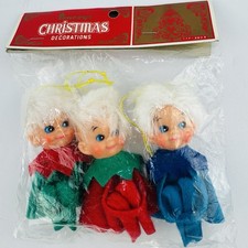 VTG Penneys Bent Knee Hugger Elf Christmas Ornaments Set 3 Felt Japan NOS MCM picture