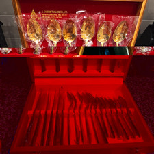 S. Sanran Thailand Gold 24pc Flatware Set Service for 6 Engraved w/ Case picture