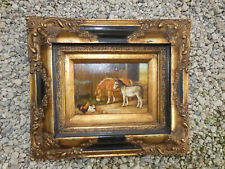 Vintage oil panel painting horse donkey chickens picture