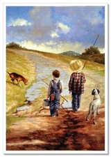 CHILDHOOD FISHING BOYS & DOGS to the river Adventure ART Jim New Modern Postcard picture