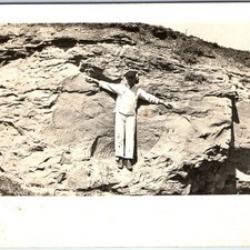c1910s Man in White Overalls RPPC Postcard Carved Initials Rock Cliff PH AFV JM picture