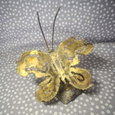Kinetic Torched Metal Butterfly Sculpture Brutalist Mid Century On Rock Signed picture