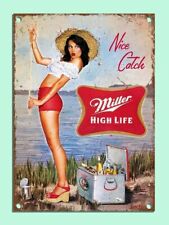 Miller Beer Nice Catch Fishing Girl Vintage Rustic Metal Sign 8 x 12 Inches picture