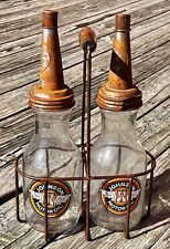 Set of (2) JOHNSON Motor Oil Bottles with Metal Wire Oil Bottle Carrier picture
