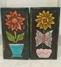 Vintage 1960s Mexican Folk Art Carved Wood Relief Wall Plaques Flowers Butterfly picture