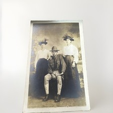 Antique RPPC Edwardian Women Big Hat Long Dress & Soldier Postcard AZO picture