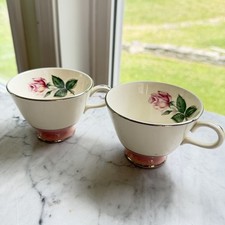 Pair VTG 50s Mid-Century Lifetime China Pink Rose Footed Teacups Excellent Trim picture