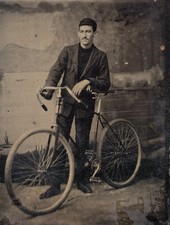Original 1800s Antique Tintype (Ferrotype) of Young Man With Bicycle picture