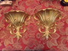 Homco Vintage 1978 Pair Set Of 2 Gold Wall Pockets Planters Decor LEAF DESIGN picture