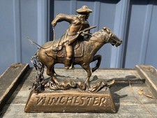 Vintage Winchester Cowboy Horse Advertising Statue Western Cast Metal 7.5” picture