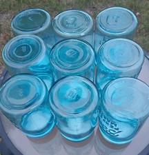 Lot of 9 Vintage Ball Perfect Mason Pint Jars Aqua Blue  W/Zinc Porcelain Lids picture