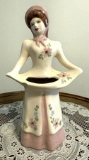 Vintage Ceramic Lady Napkin & Flower Holder Pink Bonnet Figurine 10