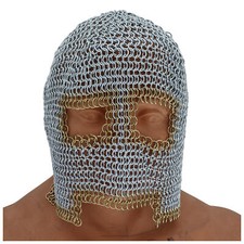 Authentic Medieval Chainmail Coif Silver Ring Armor Full Face & Neck Protection picture