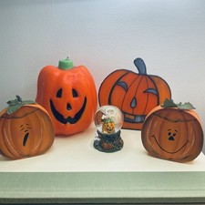 Vtg 90’s Jack O'Lantern Candle Stain Glass Holder Wooden Pumpkin Mini Snow Globe picture