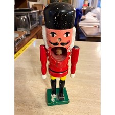 Vintage Wooden Soldier Nutcracker Red Yellow Black 11in Good Screw Mechanism picture