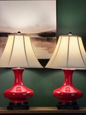 Pair Vintage Oxblood Red Glazed Ceramic Baluster Table Lamps Matching Finials picture