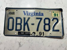 VTG 1991 Virginia License Plate Fort Eustis Military Base Decal OBK-782 Expired picture