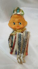 Vintage Christmas Knee Hugger Pixie Elf Metallic Gold Silver Lame Ornament 1960s picture