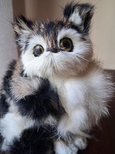 Vintage Real Rabbit Fur Calico Cat Toy Figurine Glass Eyes George Spencer in Box picture