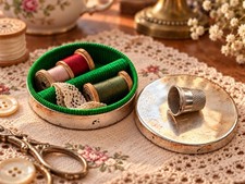 Vintage 1950s Napier Silver Plated Sewing Kit Box Thimble Lid Green Interior picture