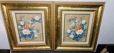 Vintage Pair Of Chinese Watercolor Paintings on Cork of Birds and Flowers Signed picture