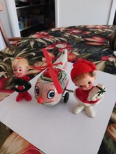 Santa Vintage Tin Helicopter  And Two Chirstmas Girl Figurines With Faux Hair picture