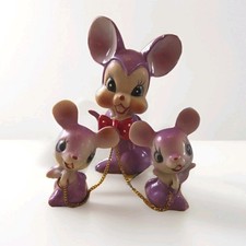 Vtg Arnart Japan Purple Mouse Mama w/ bowtie & chained Babies 4 1/4