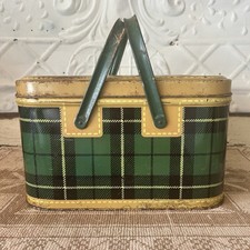Vintage 1950s Skotch Basket Picnic Tin Green Plaid Metal Box Petra Cabot MCM picture