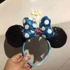 Disney Timeless White Daisy Blue Sequin Polka Dot Bow Minnie Ear Headband picture