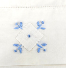 Vintage White Toddler Flat Bed Sheet~Blue Embroidered~Crib Nursery Bedding~48