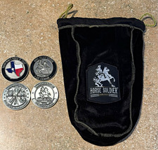 Horse Soldier Bourbon 2 challenge coin set and a commemorative bottle bag picture