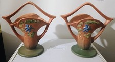 Pair of Vintage 1941 Roseville Pottery 365-7 Columbine Basket Vase  picture