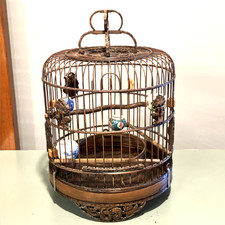 Antique Vintage Chinese Carved Bamboo Bird Cage- Porcelain Feeders NICE picture