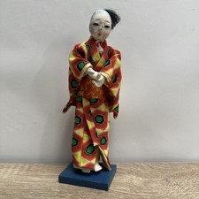 Vtg Japanese Gofun Doll Ichimatsu Ningyo Boy Red Kimono Wood Base Japan 7