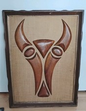 VINTAGE MID CENTURY  ART 1960'S TEAK WOOD CARVING BULL WALL HANGING picture