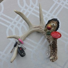 Natural Deer Antler with Hedgehog & Mushroom Handmade Wall Decor Key Hanger picture