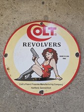 VINTAGE 1962 COLT REVOLVERS PORCELAIN SIGN GUN AMMO HARTFORD CONNECTICUT 12