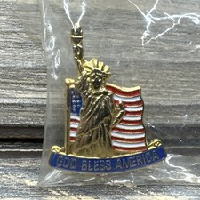 Vtg Lapel Pin Patriotic Flag Gold Tone Staute Of Liberty God Bless America 1.25” picture