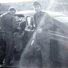 c1940s WWII Era U.S. Army Soldier Binoculars Fastback Car Snapshot Photo Family picture