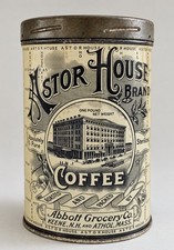 Vintage Astor House Coffee Tin 1 LB Abbott Grocery Co. 6” Advertising Can picture