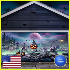 FRIENDISU Halloween Garage Door Banner 7x16Ft Pumpkin Skeleton Outdoor Party picture