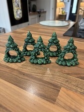 Vintage 1992 Ceramic Christmas Tree Napkin Rings, Set of 5 - Signed PR 92 picture