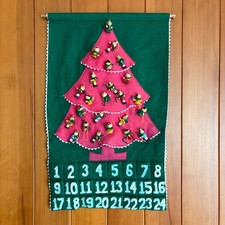 Vintage Handmade Felt Advent Calendar  Pink & Green | 24 Wooden Ornaments | 1957 picture