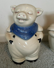 VINTAGE 1940'S SHAWNEE POTTERY SMILEY PIG COOKIE JAR BLUE SCARF MADE IN USA picture