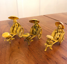 Vintage Celluloid Japanese Rickshaw Figurine Lot of 3 Geisha Parasol Mini 1940s picture