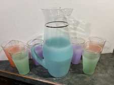 Vintage Blendo Frosted Pastel Pitcher & 6 Tumblers Set West Virginia Glass 1950s picture