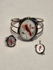 Signed Zuni Cardinal MOP Inlay Sterling Silver Complete 3 Pc Set *RARE* picture