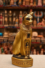 Museum-Quality Ancient Egyptian Bastet Cat Goddess Statue – Hand-Painted Golden picture